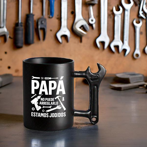 Morsom kopp til pappa - Hvis pappa ikke kan fikse det... - Original farsdagsgave - 350ml - Svart kopp med håndtak formet som en skiftenøkkel