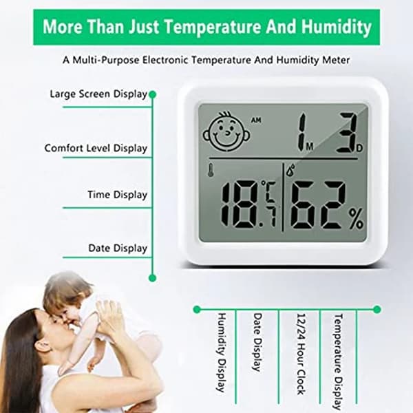 3-pack LCD digital termometer hygrometer med digital klocka för barnrum vardagsrum kontor kylskåp plus
