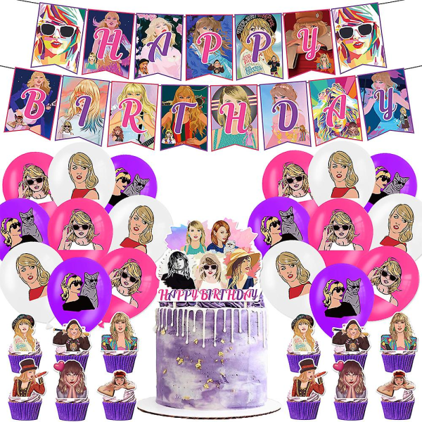 Födelsedagsfestinredning med Taylor Swift-tema inkluderar en banderoll, ballonger, tårtor
