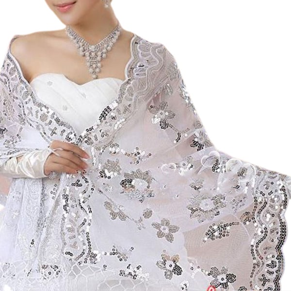 Ny Brud Bröllopsklänning Dam Cheongsam Sjal Vit Spets Broderad Paljetter Lång