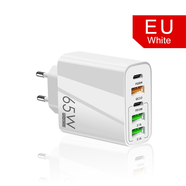 65W PD-lader USB smarttelefon laderadapter med type-C PD+3USB telefonlader og strøm white