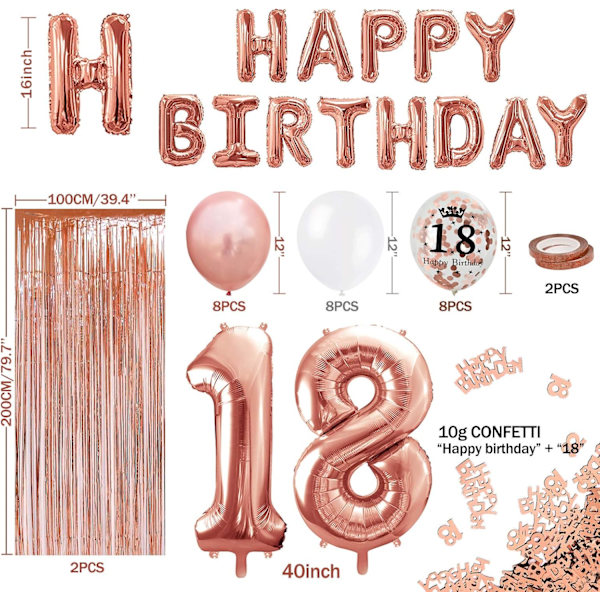 18-årsdag roséguld dekoration, grattis på födelsedagen banner, hel