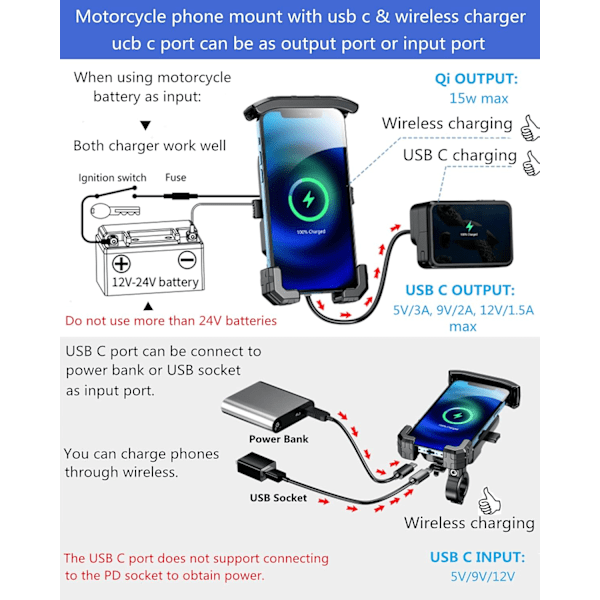 Moottoripyörän puhelinteline langattomalla laturilla ja USB C -liitännällä, IP66-vesitiivis moottoripyörän puhelinteline 4'' - 7'' matkapuhelimille, yhdellä kädellä käytettävä