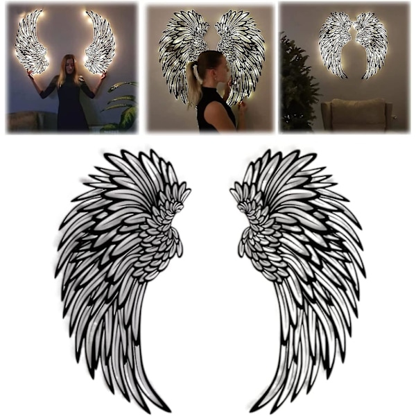 Par Angel Wings Metal Vægkunst Dekoration med LED Lys, 3D Angel Wings Væg Skulpturer Dekoration til Hjem Soveværelse Stue Have Kontor 35 cm