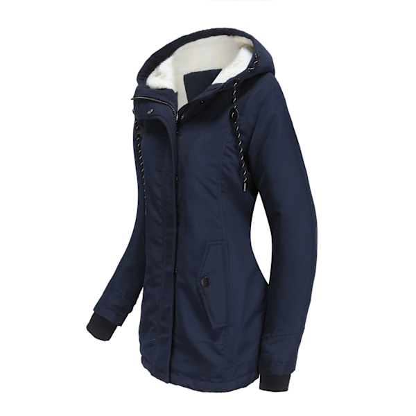 Varm vinterjacka med Sherpa-foder för kvinnor, tung parkas med huva Marinblå Navy S