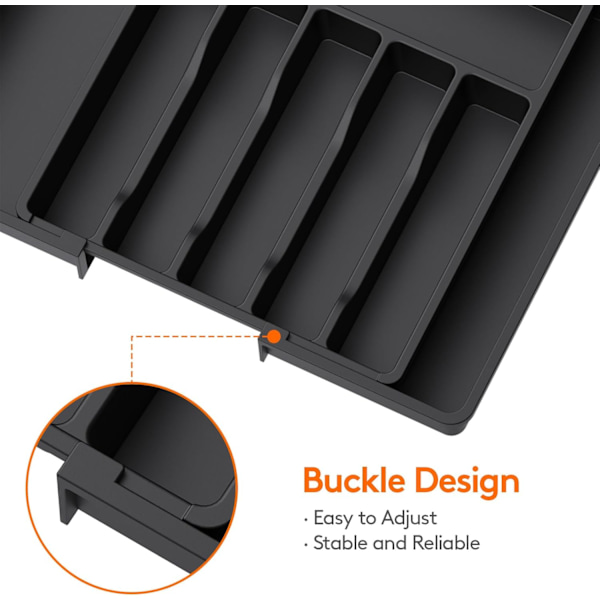 Sølvbestik Skuffe Organizer, BPA Fri Bestik Holder, Justerbar Plastik Opbevaring til Skeer Gaffler Knive, Stor, Sort Black