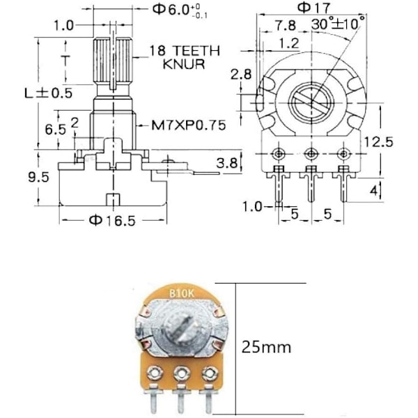 20 stk Potensiometersett, (B5K B10K B20K B50K B100K) Lineær Rotary Potensiometer, Rotary Potensiometer, Lineær Potensiometer 3 Terminaler, WH148