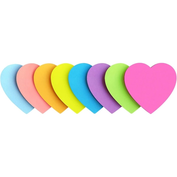 Hjerteformede sticky notes, 8 farver, lyse farverige sticky notes, 75 ark/blok, selvklæbende notesblok