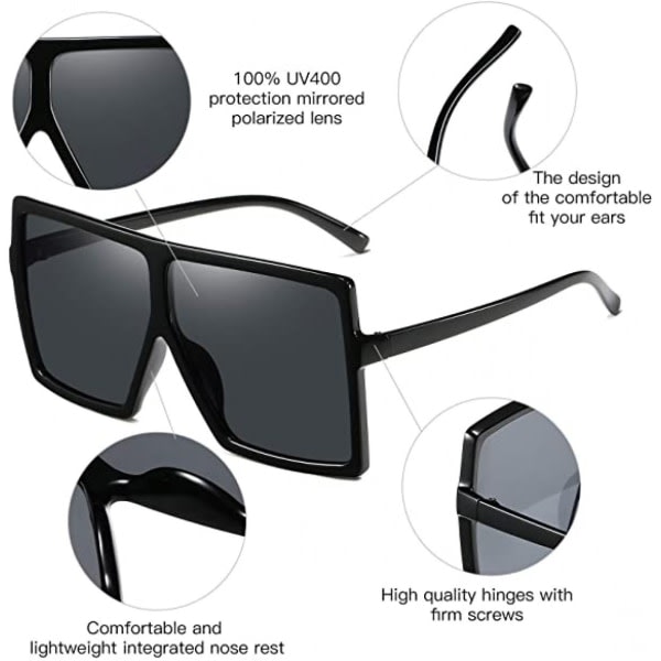 Fyrkantiga överdimensionerade solglasögon för kvinnor Män Mode Flat Top Stora svarta ramskärmar