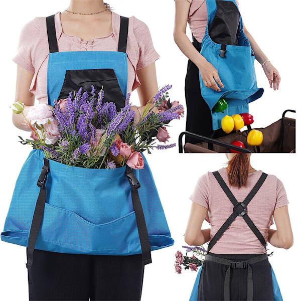 Høstforklæde Haveværktøjsbælte Store Lommer Plukkeopsamlingspose Blå Lynlås