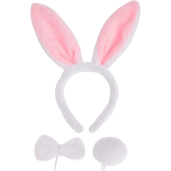 HHL Easter Bunny Ears Set, 3-delade plyschkaninöron Pannband fluga och svans för Halloween Cosplay Party Dress Up Accessoarer (Vit + Rosa)