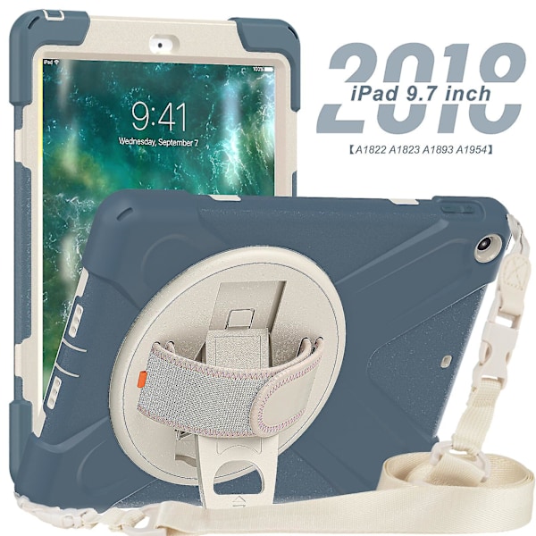 Nytt etui med håndstroppdesign for iPad 9,7 tommer med skulderstropp, justerbart stativ, pennholder, fallbeskyttelse (Kornblomstblå)