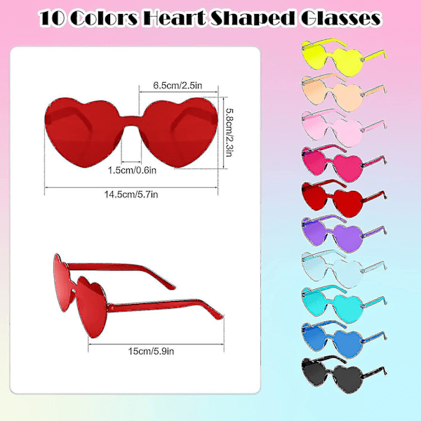 Hjertebriller 10 stk. Rimless Hjerte Solbriller Kærlighed Hjerteformede Briller Transparente Farvede Hjertebriller Multipack Fashion Funky Briller Fo Y