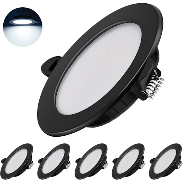 Ultratynne LED downlights 230V, Sett med 6 downlights 7W Energibesparende taklamper IP44 downlights, Svart, 6000K