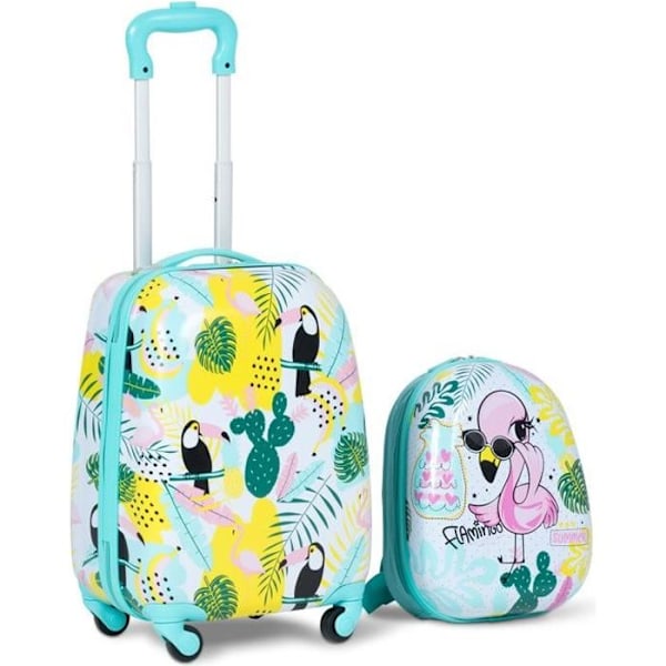 COSTWAY children's bag on wheels 16'' children's luggage + 12'' Flamingo children's backpack