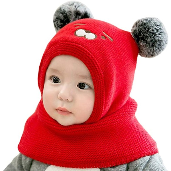 Baby Slouchy Hatt Varm Søt Bjørn Vinterlue Halsduk Lue Strikket Lue Med Bobble Fleeceforet Beanie Hatt Red