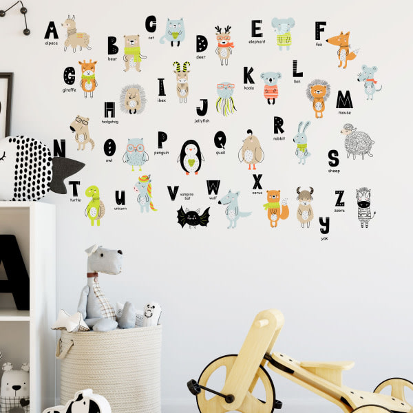 ABC-dekaler Alfabetsdekaler - Väggdekaler för djuralfabetet - Väggdekaler för klassrum - Väggdekaler med bokstäver