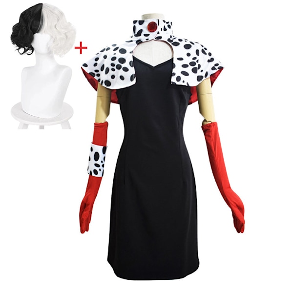 Cruella De Vil Cosplay Kostymekjole 101 Dalmatinere med Kapp Antrekk Halloween Karneval Kostyme for Kvinner Jenter D D D One size