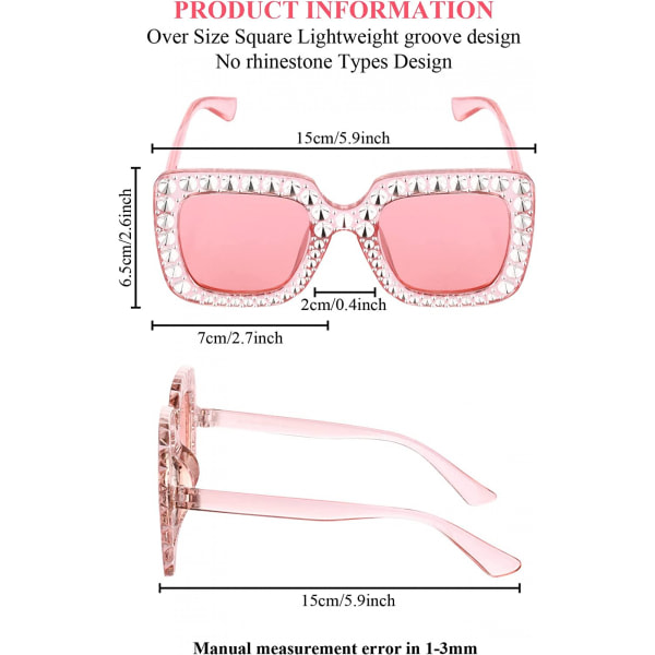 Oversize fyrkantiga gnistrande solglasögon Retro tjocka solglasögon, rosa
