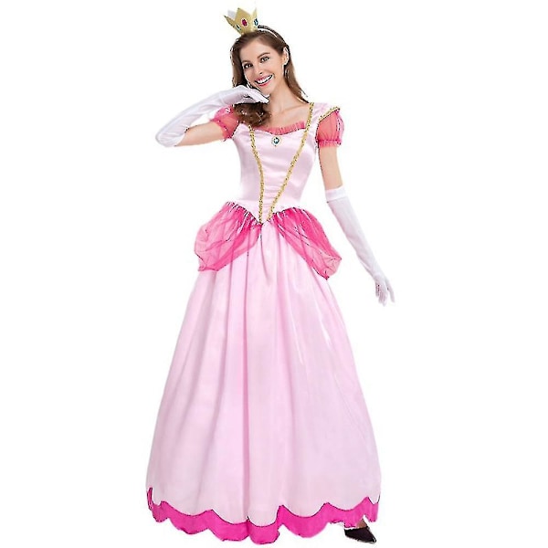 Super Mario Peach Cosplay Damkläder Cosplay Kostym Rosa Prinsessklänning + Handskar + Huvudbonad Klädset XL