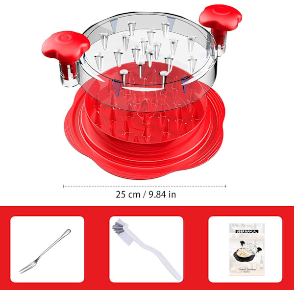 Suuri kana-raastin, kanafileen raastamistyökalu kierteellä, harjalla ja haarukalla, näkyvä lihanraastin, liukumaton nauha, ergonominen, kana (punainen) Red