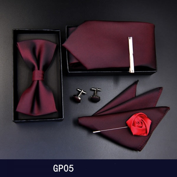 Set med 6 slipsar för män Modeslipsar Slips Möteskläder för bröllopsfest (fluga, slips, fickruta, manschettknappar, corsage), GO05