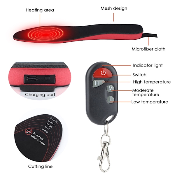 Opvarmede Indlægssåler til Mænd og Kvinder, USB Opladningsbare Elektriske Fodtøjsvarmere med Fjernbetjening, Termiske Indlægssåler til Vinterfiskeri - Perfekt 25.5cm-28cm