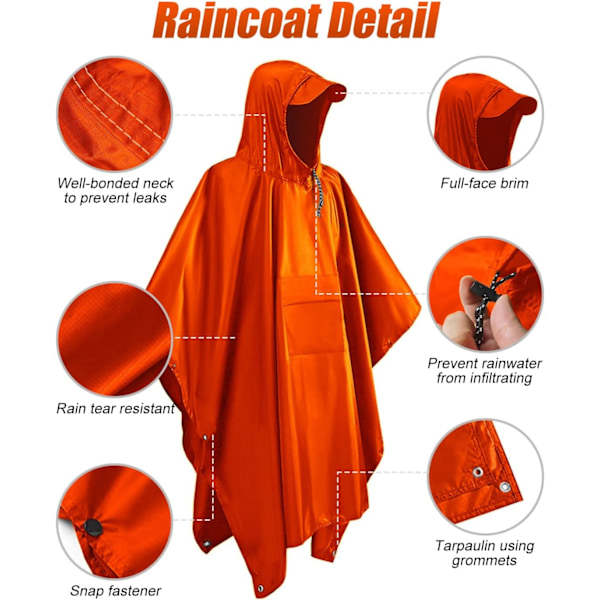Uudelleenkäytettävä sadeponcho aikuisille, vedenpitävä ponchon, vedenpitävä aikuisten kevyt sadetakki ulkoiluun, retkeilyyn, pyöräilyyn ja matkustamiseen Orange
