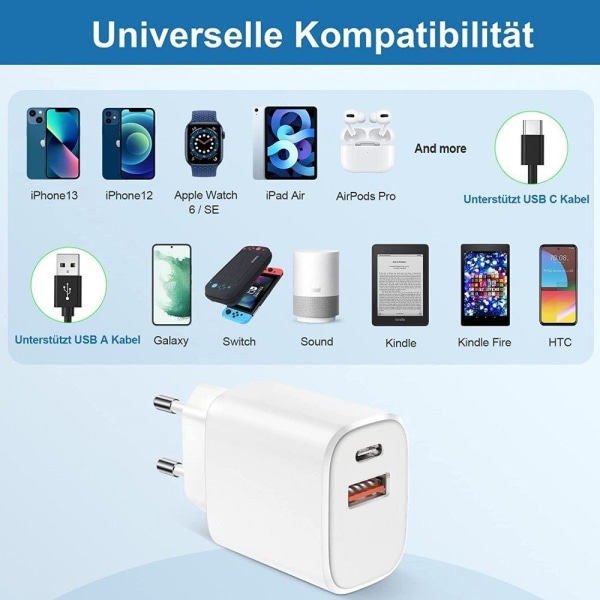 Lader USB C 20W, 2 porter 20W USB C lader USB hurtiglader