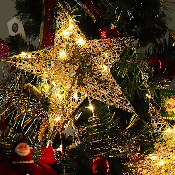 Juletrestjerne med Lys, Glitrende Juletrestjerne med LED Lys Ornament Fest Hjem Dekor Julepynt