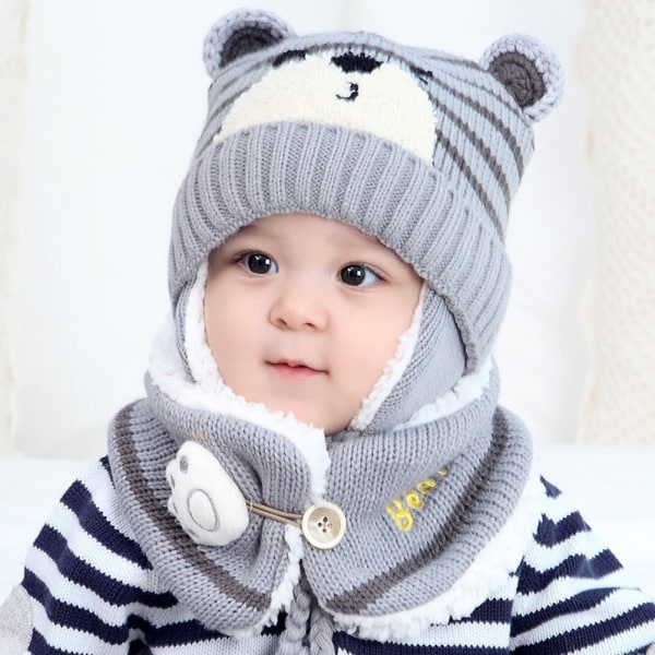 Barn Vinter Warm Hat Baby Earflap Beanie Hat med Scarf Cut Baby Infant Stickat Hat
