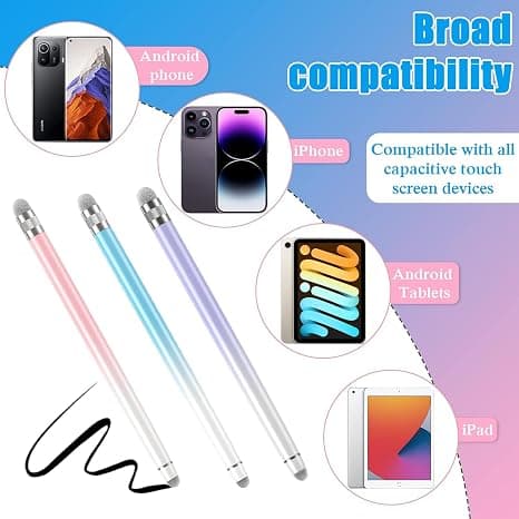 3 stk. Styluspenne til touchskærme, Styluspen til iPhone/iPad/Tablet Android/Microsoft/Surface, Kompatibel med alle (Lilla/Pink/Blå)