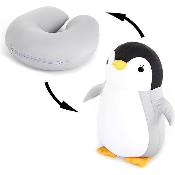 2 in 1 Travel Pillow Convertible Neck Pillow for Kids for Airplanes Sleeping, Gray Penguin-WELLNGS