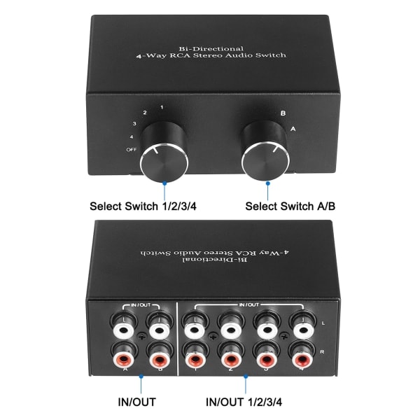 4-vägs dubbelriktad RCA Stereo Ljudomkopplare 2 In 4 Ut eller 4 In 2 Ut L/R Jack Ljudkanal RCA Ljudväljare