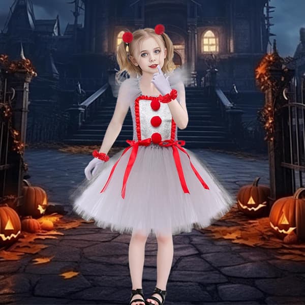 Flickor Pennywise Clown Halloween-kostym, läskig klänning Cosplay, storlek Medium M