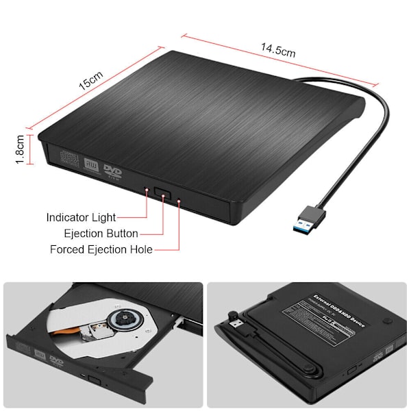Ekstern DVD-drev USB 3.0 CD DVD-RW Brænder til PC Bærbar black