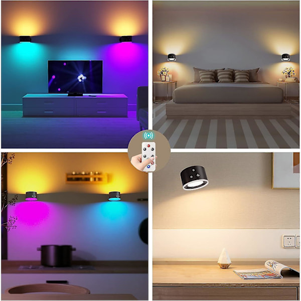 Batteridrevne Væglamper, LED Op Ned Væglampe med Touch & Fjernbetjening, 15 Rgb Atmosfære Varme Hvide Pærer, 4 Dæmpningsniveauer, 360 Graders Rotation, Opladning