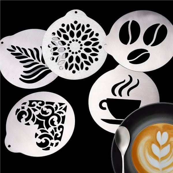 5st rostfria kaffeschabloner Foam Latte Art-schabloner För