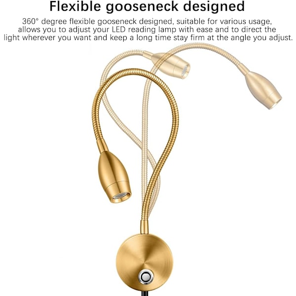Dæmpbare LED Læselamper, Vægmonterede Læselamper til Sengebord, Fleksibel Svanenhals med Touch Dæmper, 3 Farvetilstande, 2-pak