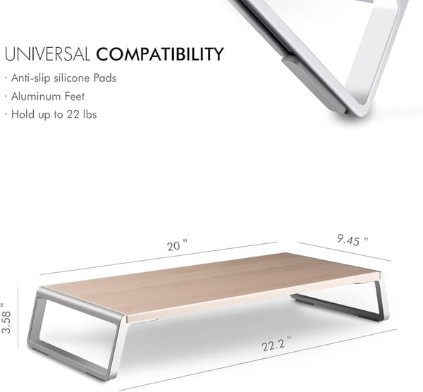 Multiskjermstativ med en solid 50,8 x 24 cm plattform og plassbesparende metallben med oppbevaring. white
