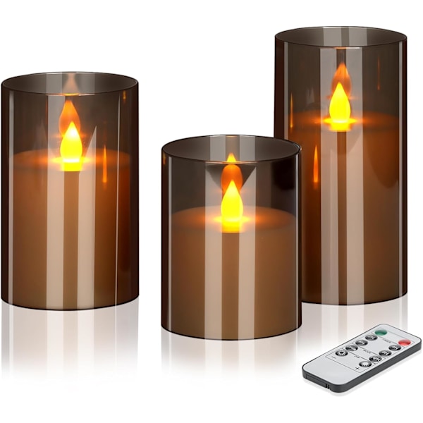 Flamlösa stearinljus Set om 3 Akrylglaspelare 3\" Diameter Batteridriven Flimrande Grått Ljus grey