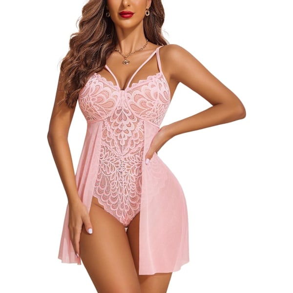 dlove Babydoll-lingerie naisille, kukkakuvioinen napitettu haara-teddy, chemise-yöpaita, pitsi-yöpaita, vaaleanpunainen, koko L