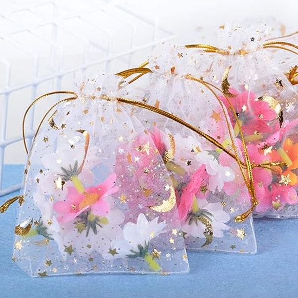 100 stk organza poser (9 * 12 cm) slikposer smykkeposer slikposer stjerne-måne mønster varmtryk for fest bryllup slik chokolade jul fødselsdag