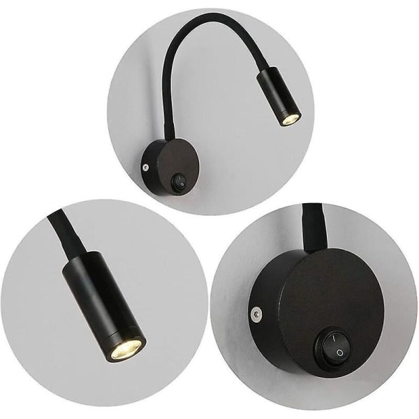 2 delar svart 3w väggläslampa, flexibel justerbar halslampa bordslampa i aluminium, sänglampa med strömbrytare Led ögonvård