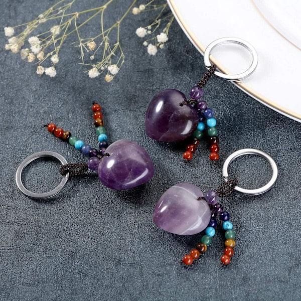 Naturlig Ametyst Hjerte Krystall Nøkkelring 7 Chakra Healing Edelsten Nøkkelring Anheng for Kvinner
