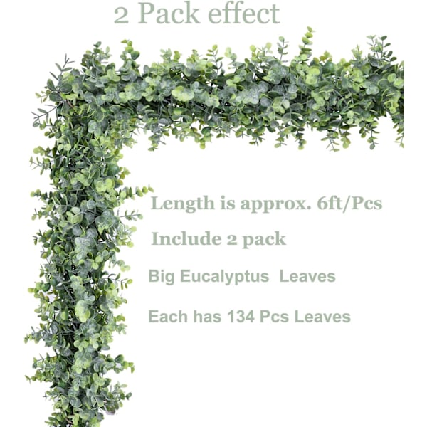 Eucalyptus Guirlande, 2-Pakning Kunstige Slyngplanter Hengende Eucalyptus Blader Grønn Guirlande for Bryllupsbakgrunn Bue Veggdekor, 1,8 Meter/Stykke