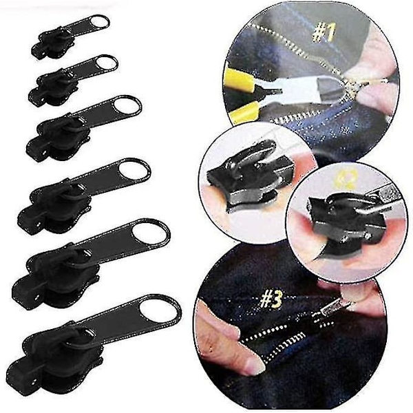 6-pack Dragkedjekläppar - Dragkedjeersättningsreparation Instant Dragkedjesats - Avtagbar Räddningsersättningsväska Snabb black