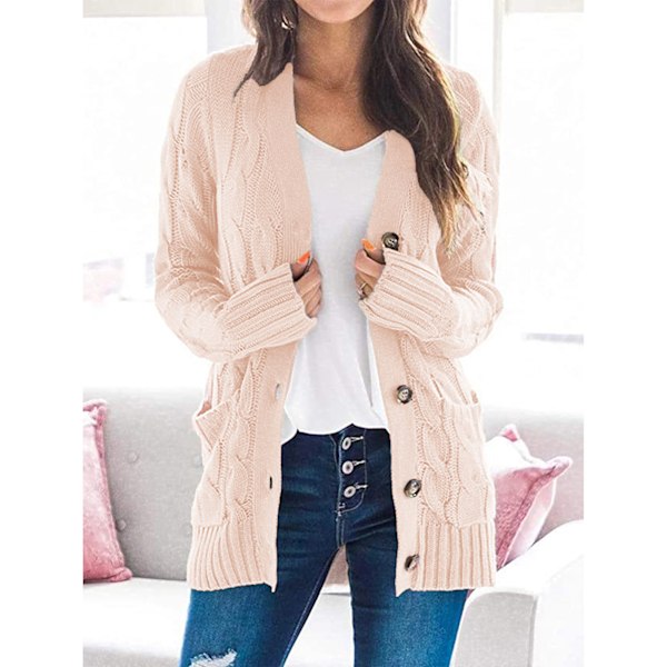 Dam Cardigan Tröjor Höst Vinter Ren Färg Twist Stickad Snygg Casual Dam Långärmad Knapp Cardigan Rosa S