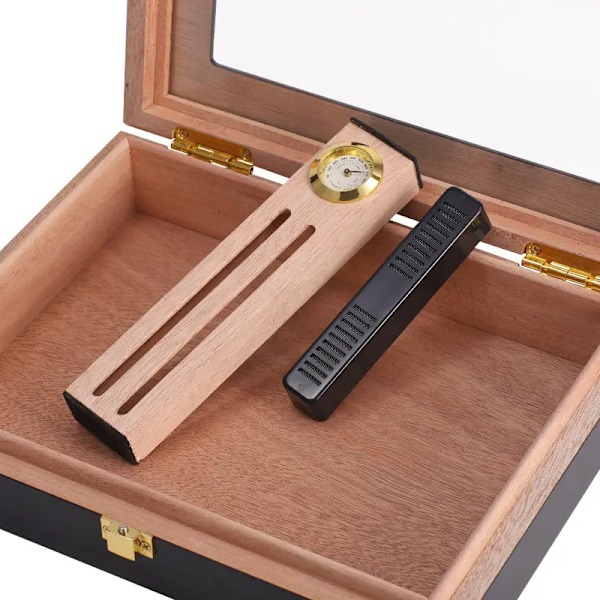 Cigar Humidor i hög glans för 10-15 cigarrer, äkta massivt spanskt cederträ, lyxig hygrometer och luftfuktare, D