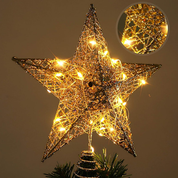 Juletrestjerne med Lys, Glitrende Juletrestjerne med LED Lys Ornament Fest Hjem Dekor Julepynt